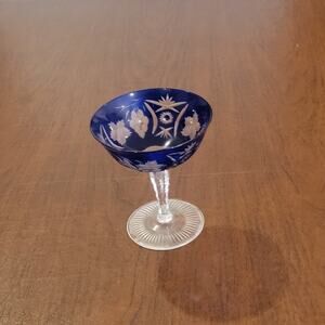 Vtg German Bavarian Nachtmann Crystal Cut to Clear Champagne Coupe Cobalt Blue